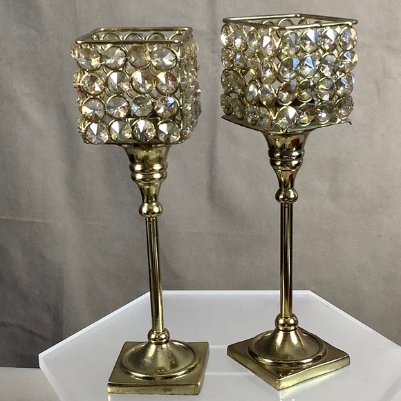 Rhinestone Candle Sticks Gold Tone Bling Design 10” (pair) - Picture 1 of 6